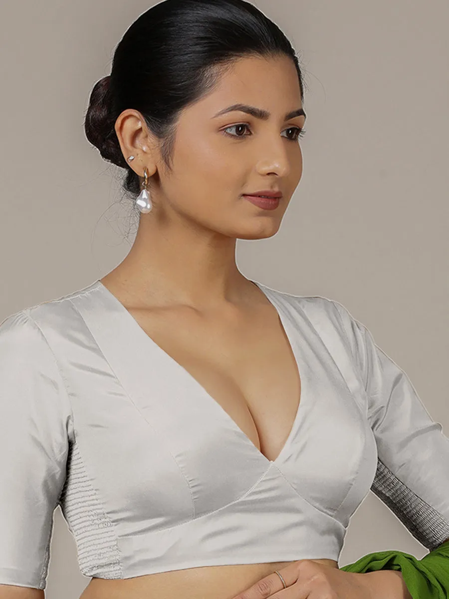Zeenat x Rozaana | Silver Elbow Sleeves FlexiFit™ Saree Blouse with Plunging Neckline