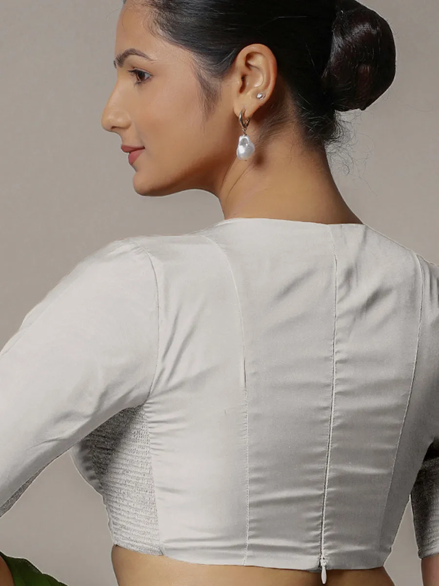 Zeenat x Rozaana | Silver Elbow Sleeves FlexiFit™ Saree Blouse with Plunging Neckline